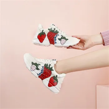 

New women's shoes fall winter Genuine leather strawberry graffiti Lace-up sneakers thick bottom breathable women single shoes