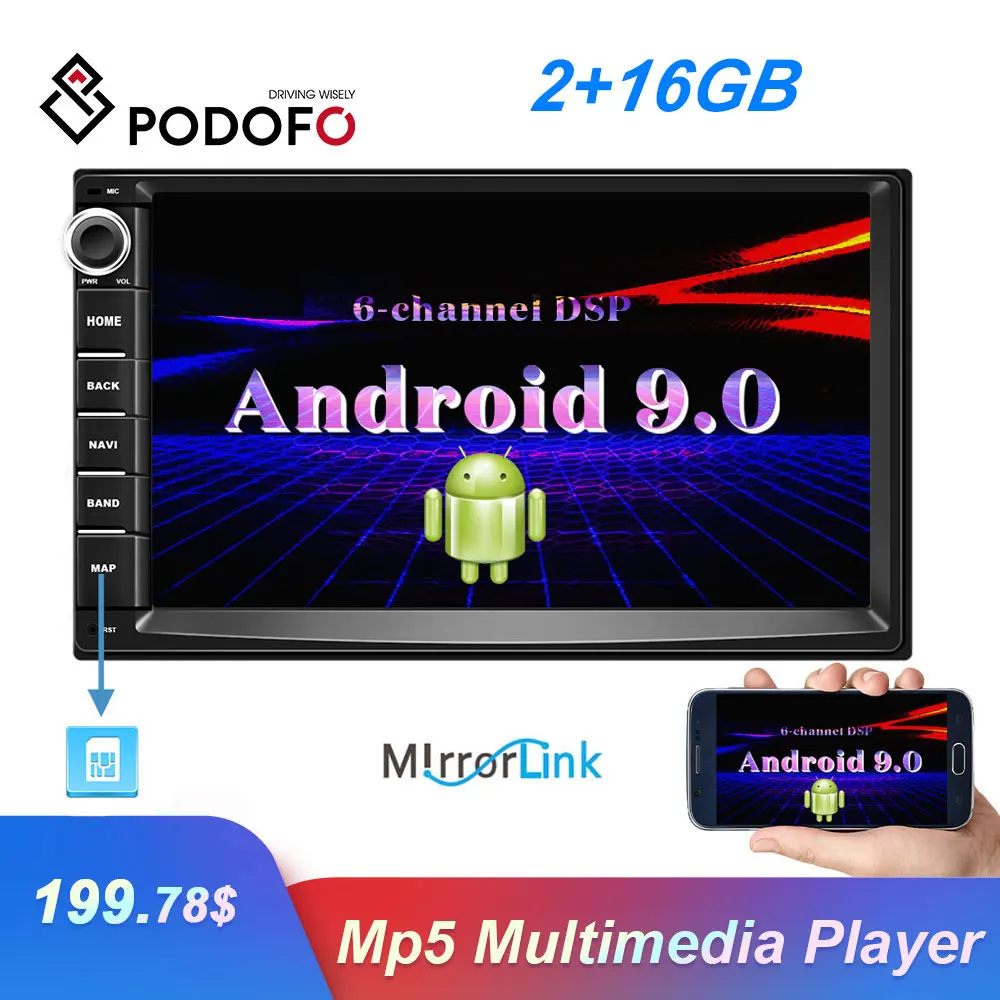 Podofo Android 9 0 2DIN Mp5 мультимедийный плеер gps автомобильное радио аудио Bluetooth Wifi