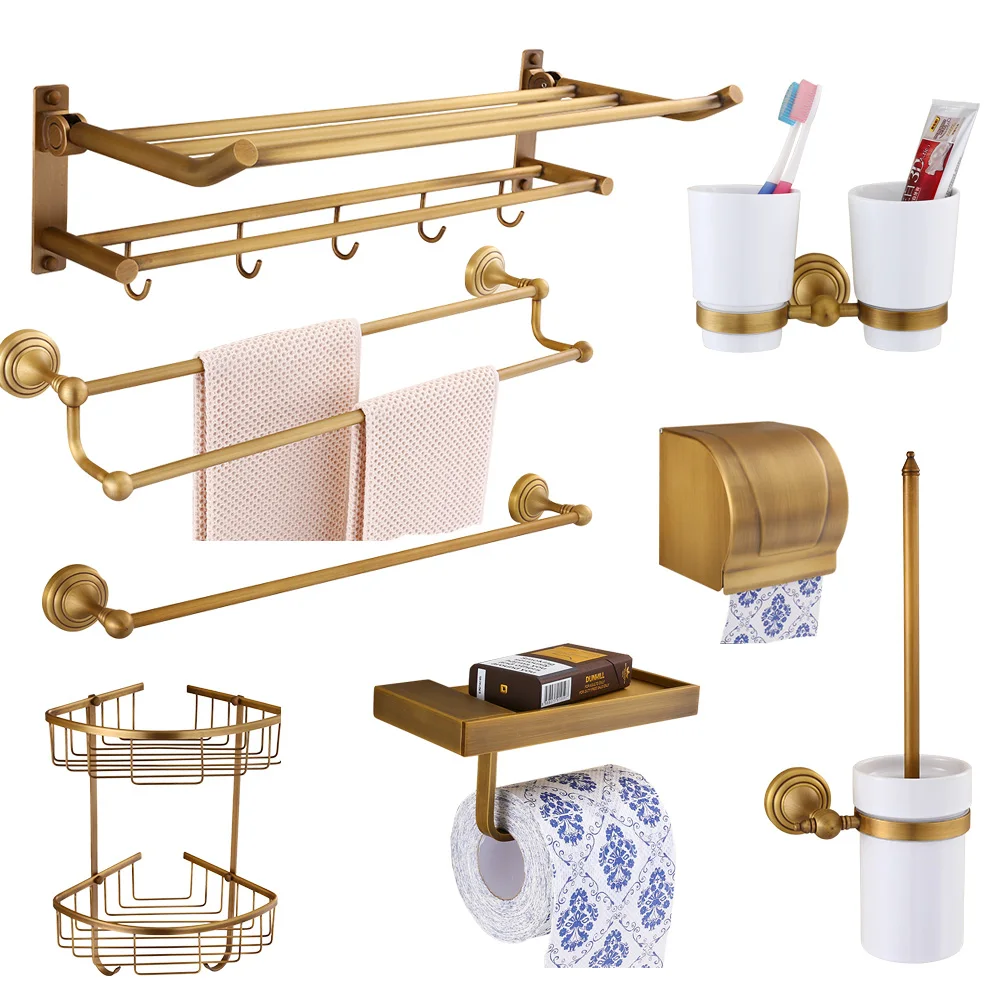 

Copper European antique bathroom folding towel rack soap net bathroom tissue box ceramic cup toilet brush rack bathroom products