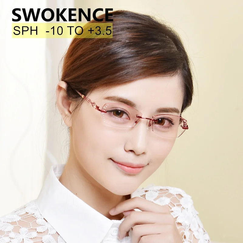 

SWOKENCE SPH -10 TO +3.5 Elegant Rimless Prescription Glasses Women Gradient Spectacles For Myopia Presbyopia Customizable WP009