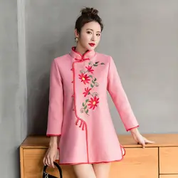 Зимняя шерстяная вышивка китайский стиль ретро Стенд воротник плиты пуговицы улучшенная Cheongsam ежедневно Стеганое пальто было тонким