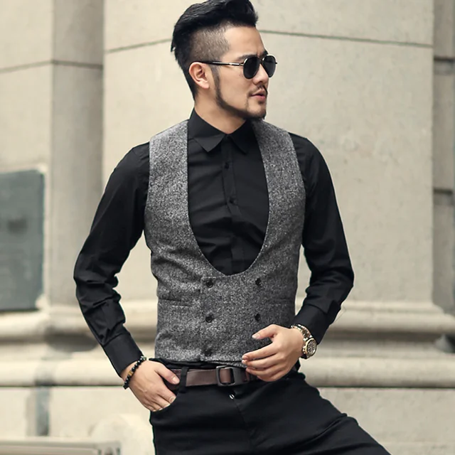 Buy Mens new winter grey double breasted slim retro