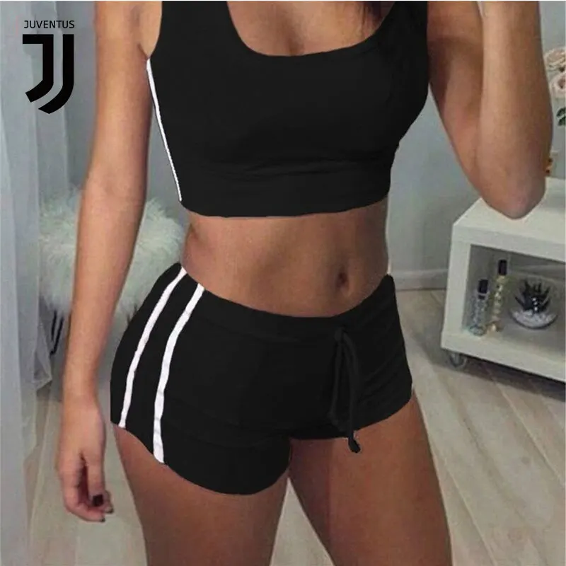 

JUVENTUS 2 PCS 2019 Newest Hot Fashion Women Sports Suit Crop Top+ Shorts Outfit Yoga Fitness Workout Sportswear
