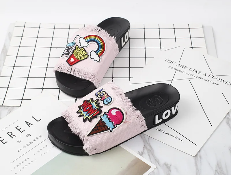 New Womens Sandal Styles Cartoon Patch Embroidery Tassel Flat With Open-toed Slip Holiday Shoes 2016 Comfort Cheap Slippers76