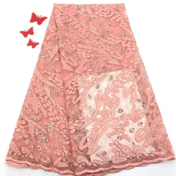 

Pink french tulle lace fabric with sequins luxury African net lace fabric wholesale high quality for party dress(