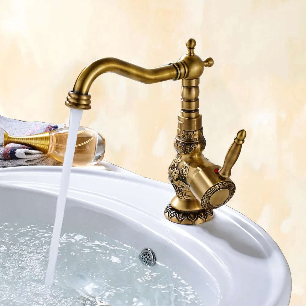 Antique Brass Deck Mount Bathroom Kitchen Faucet Single Handle 360 Rotate Basin Hot And Cold Water Tap ZD1210