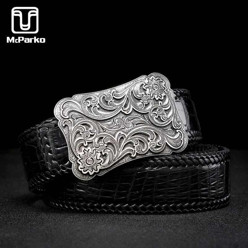 

McParko Vintage Belts For Men Genuine Leather Crocodile Braided Belt Luxury Silver Plated Buckle Alligator Skin Jean's Belt Men