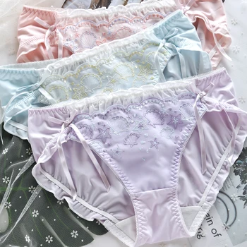 

Sweet Girls Low waist Cute Shell Embroidery Bow Lace Panties Briefs Japanese Lolita Comfort Blue Pink Purple Underwear