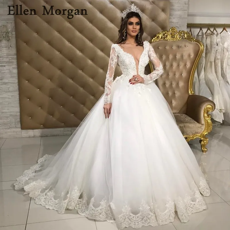 Long Sleeves Ball Gowns Wedding Dresses 2019 Beaded Lace Appliques Deep ...