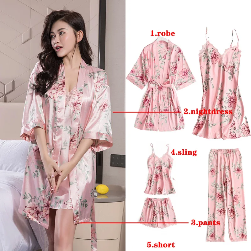5 штук сна лаунж-Пижама комплект сексуальная сатиновая Ночная сорочка, одежда для сна, Для женщин Летняя модная зимняя Пижама с цветами для Для женщин домашний халат