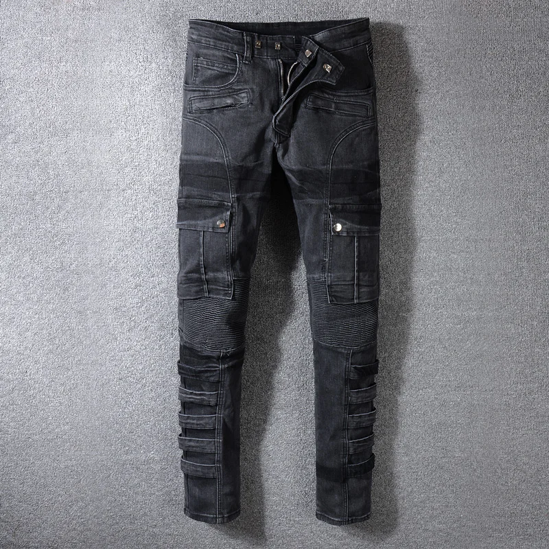 Модная уличная одежда, мужские джинсы, черный цвет, сшитые, дизайнерские, высокое качество, хип-хоп, джинсовые брюки карго, большие размеры 29-42, байкерские джинсы для мужчин