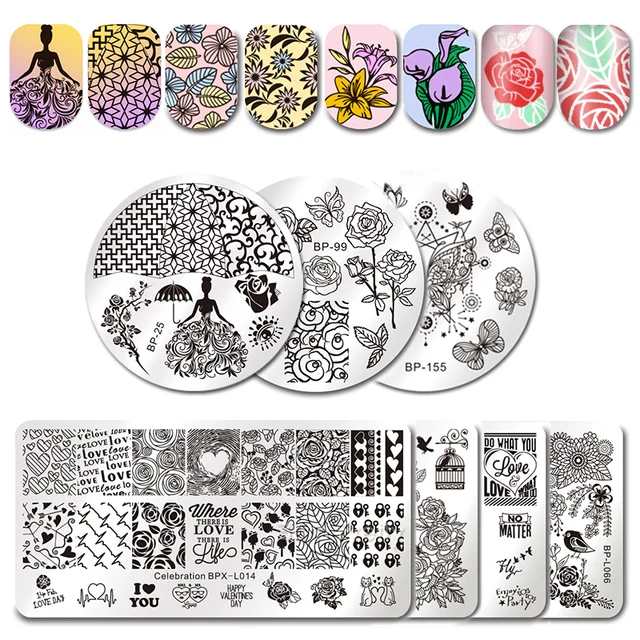 born pretty love theme nail art stamping template rose flower couple