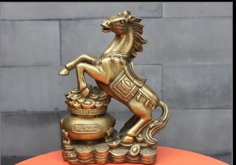 

671115763*++China Feng Shui Brass Copper Zodiac Treasure Bowl Yuanbao Wealth Horse Statue