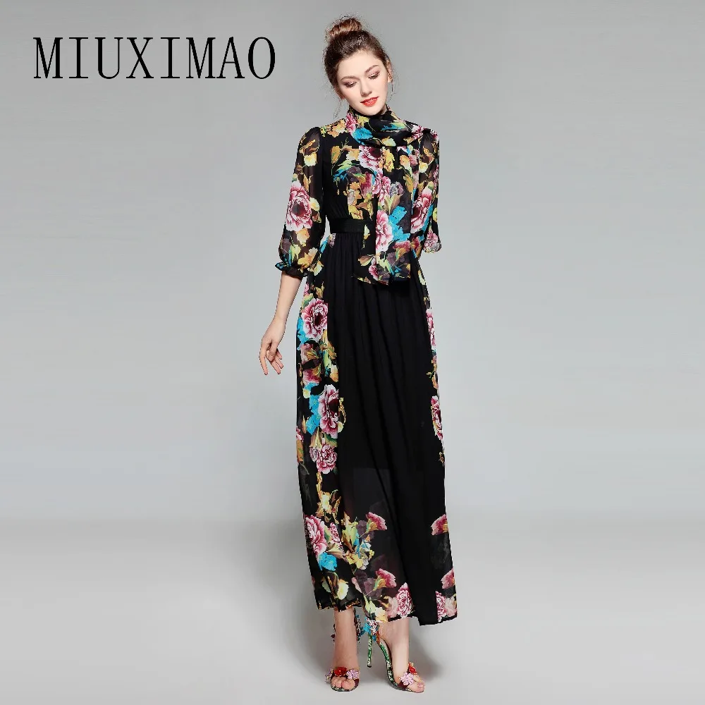 

High Quality 2018 Spring New Arrival Vintage Bow Three Quarter Sleeve Elegant Print A-Line Ankle-Length Long Dress Women