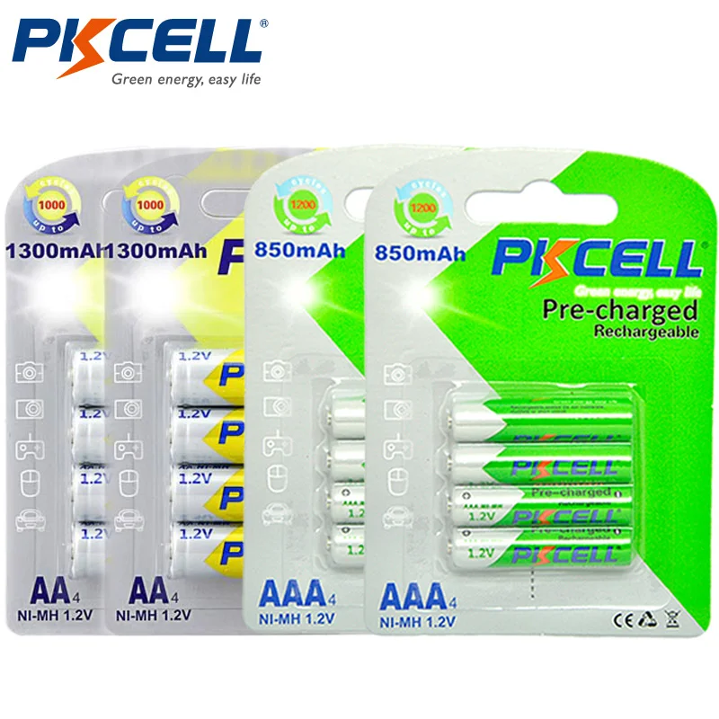

2Pack/8Pcs PKCELL 1.2V AAA Rechargeable Batteries 850mAh + 2Pack/8Pcs AA rechargeable Battery 1.2V Ni-MH 1300mAh Batteries