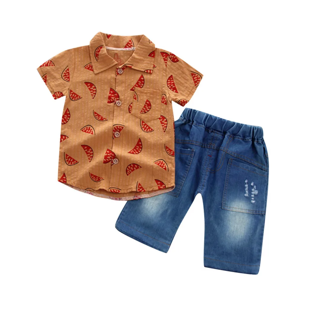 Toddler Baby Boy Gentleman Watermelon Short Sleeve Shirt+Denim Shorts
