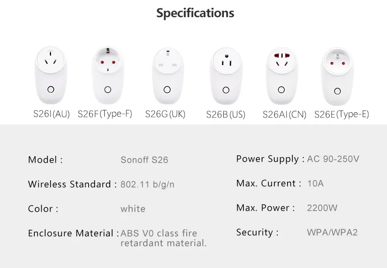 Sonoff S26 WiFi умная вилка EU/US/UK/CN/AU, беспроводная вилка, розетки, умный дом, переключатель, работает с Alexa Google Assistant IFTTT