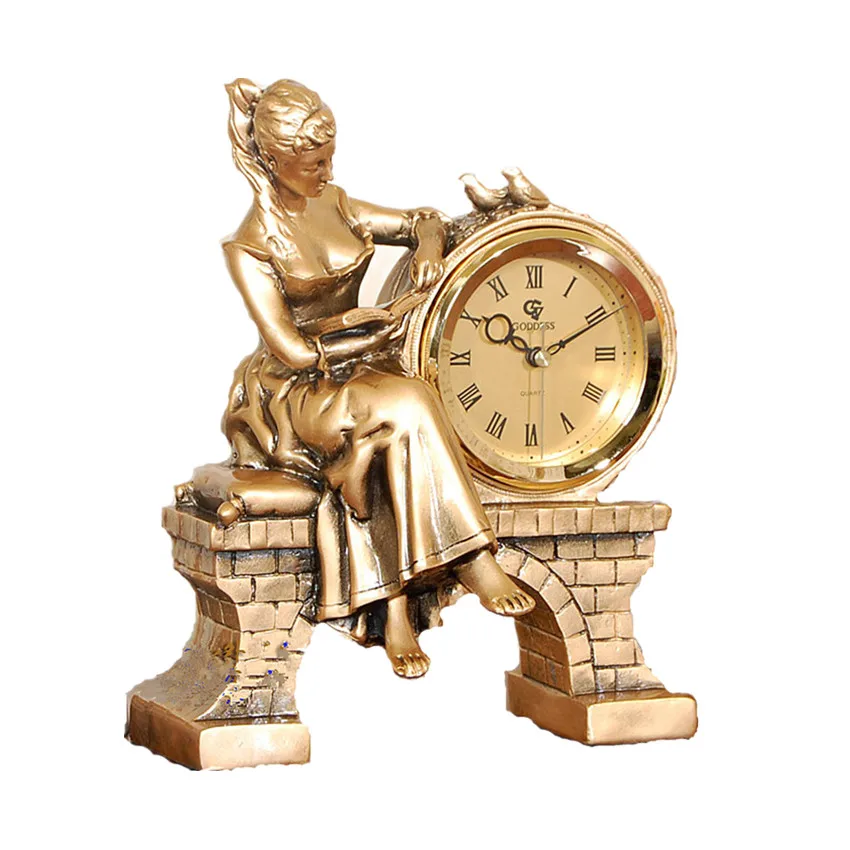 

Free Shipping Vintage Figurine Resin Crafts Desktop Clock Reading Beauty Statue European Home Decor Statue Clock