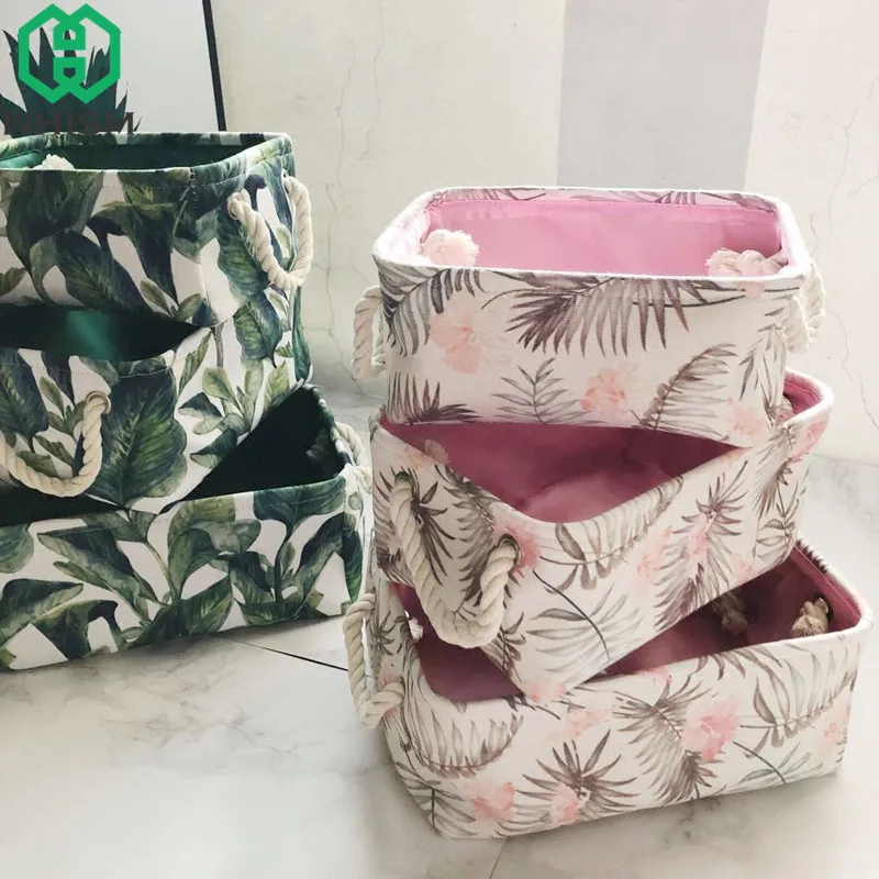 

WHISM Folding Storage Basket Cotton Linen Storage Box Laundry Basket Tropical Plant Dirty Cloth Container Kids Toys Organizer