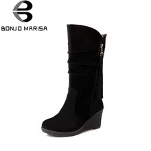 BONJOMARISA/Большой размер 34-43, качественная популярная осенне-зимняя обувь женская обувь до середины икры на танкетке женские сапоги для верховой езды без шнуровки со складками