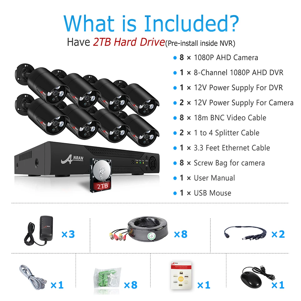 ANRAN CCTV 2.0MP 8CH HD AHD DVR Kit 3000TVL 1080P 3 массива ИК камера для ночного отдыха домашняя