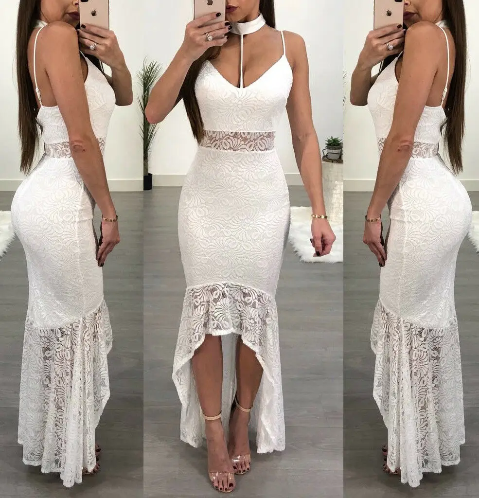 Fashion Summer Women Formal Wedding Evening Party Ball Prom Gown Long Sleeveless White Solid Lace Dress | Женская одежда