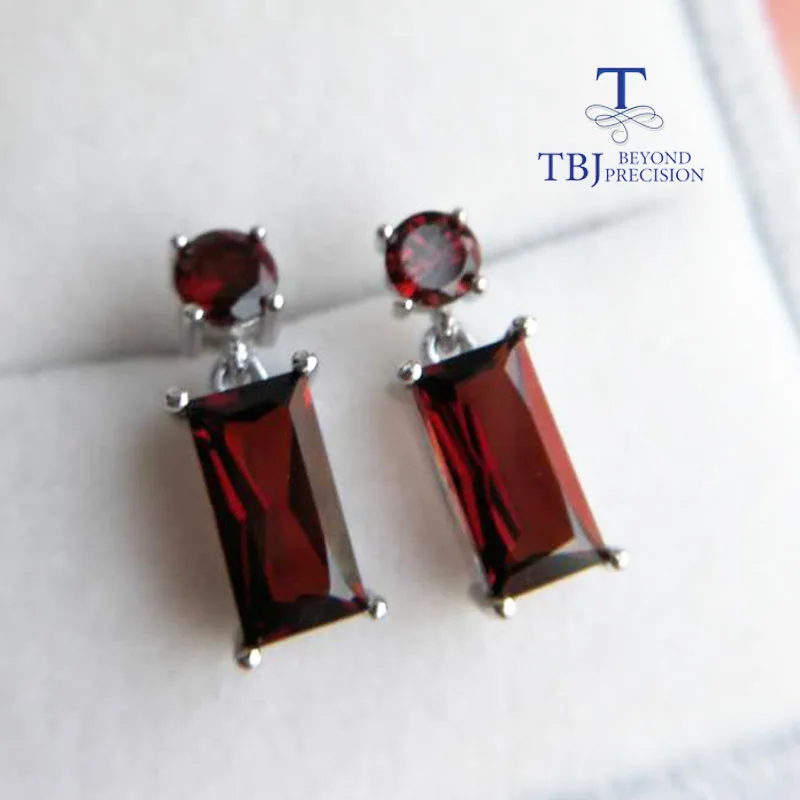 TBJ, Simple design earring Shinny Red garnet earring in 925 sterling silver gemstone earring in 925 sterling silver for ladys Fine Jewelry