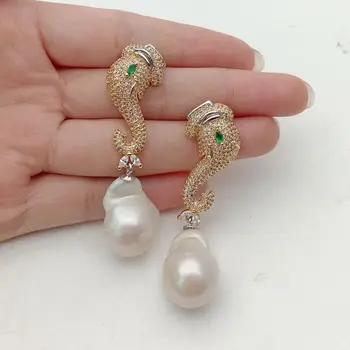 

White Keshi Pearl Earrings CZ Pave Elephant