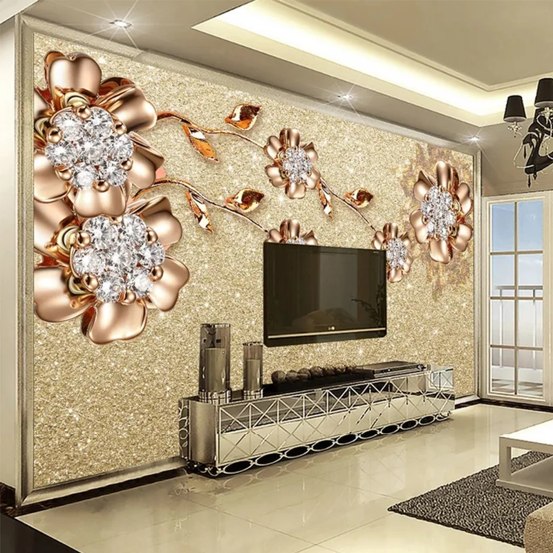 

Custom 3D Fabric Textile Wallcoverings For Walls Matt Silk For Living Room TV Background Murals Flower With Diamond European Top