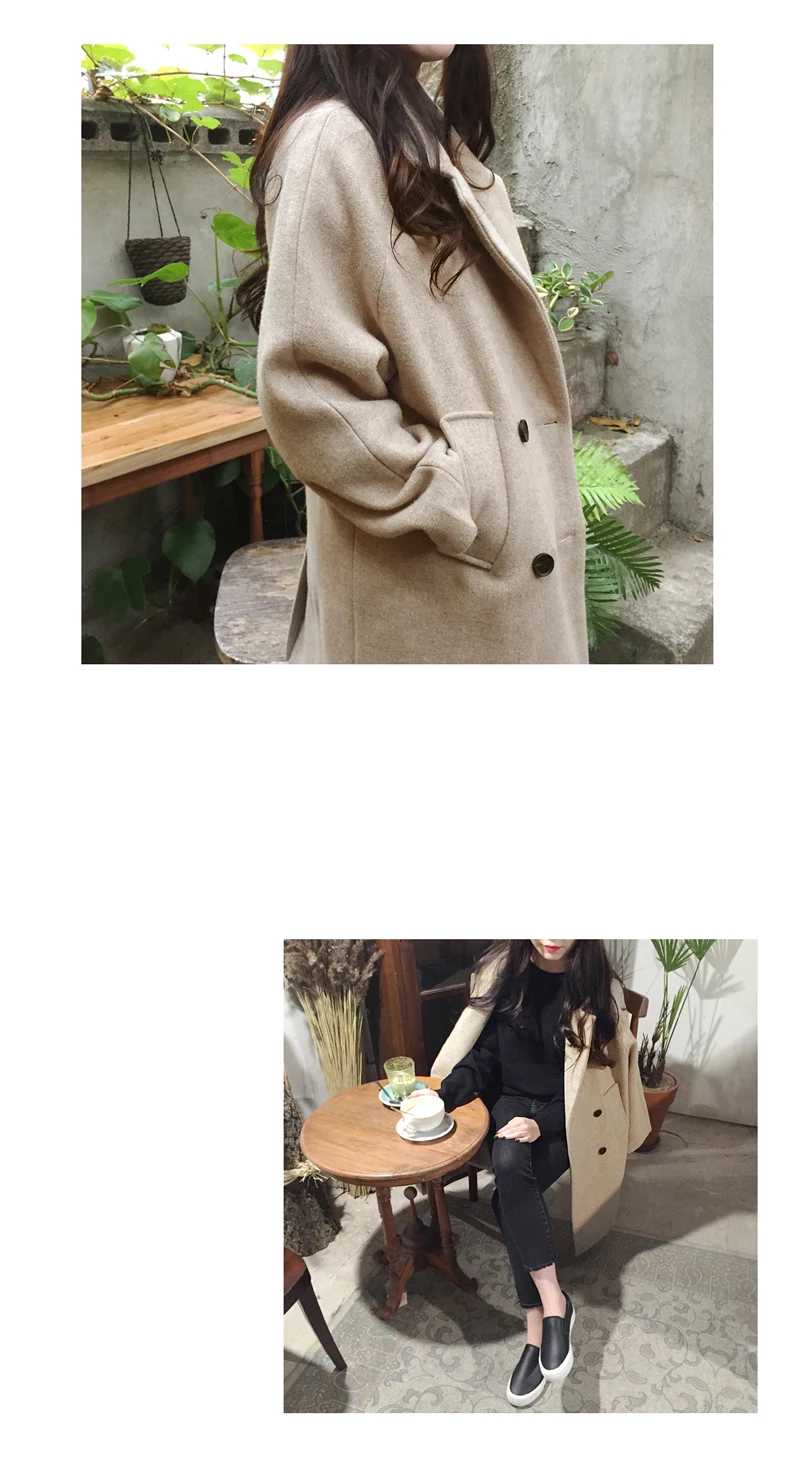 Осень-зима Для женщин в Корейском стиле Тонкий Однотонная одежда с длинным рукавом темперамент средне-длинная куртка с секциями Повседневное шерстяное пальто
