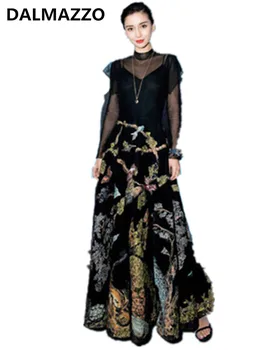 

Vintage Womans Long Sleeve Runway Party Long Dress 2019 Spring Newest Brand Self Portait Women Mesh Patchwork Sexy Black Dresses