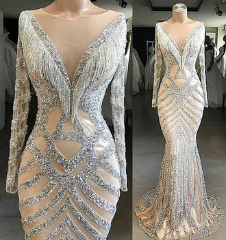 

Fantastic New Mermaid Evening Dresses 2019 Scoop Long Sleeves Floor Length Beading Tulle Prom Formal Dresses Robe de mariee