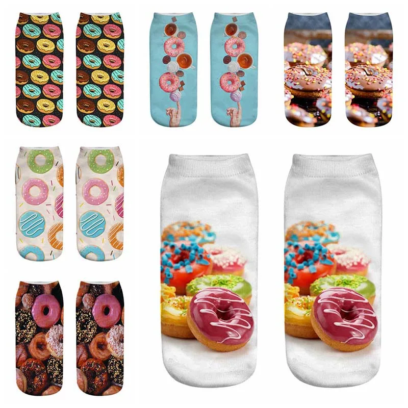 Харадзюку еда, Пончик, носки с принтом, мужские и женские модные короткие носки с 3D принтом, повседневные носки