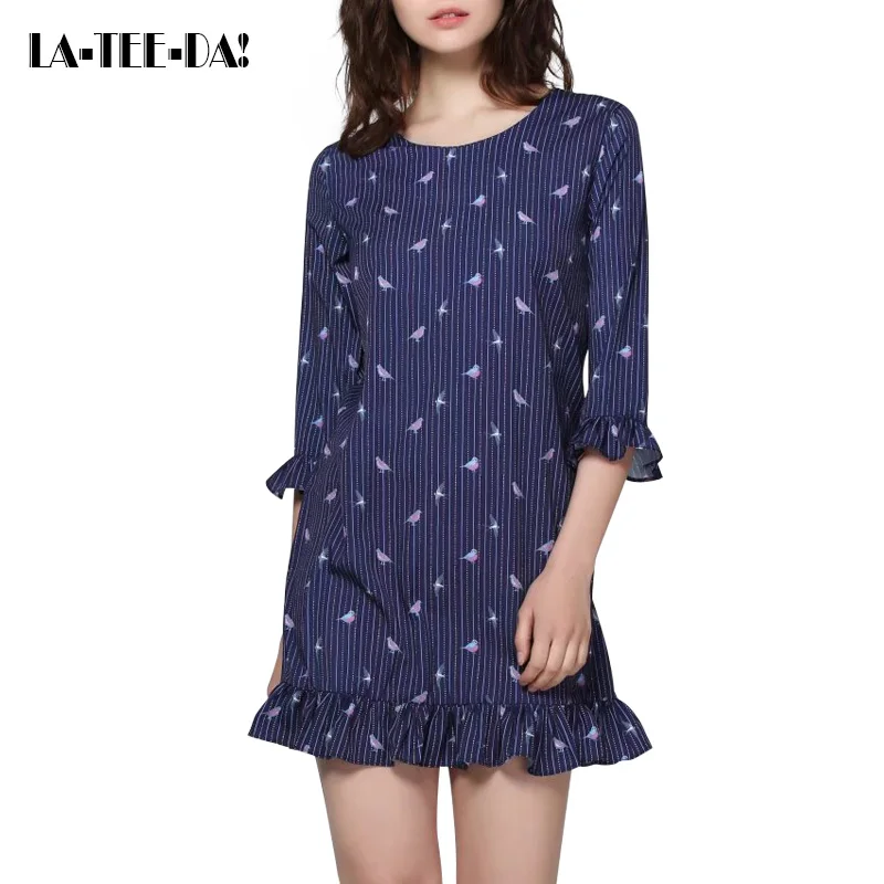 New Print Dress Women Birds Lady Fashion Patchwork Ruffles Female Butterfly Three Quarter Sleeves Knee Vestidos LTD119262 | Женская