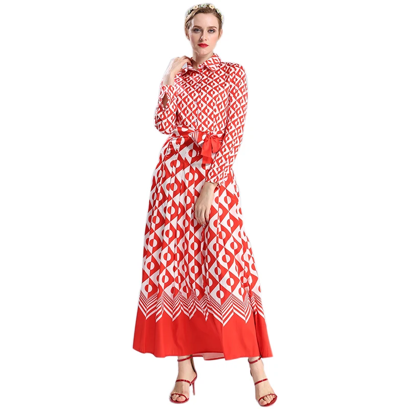 

European Amercian Women's Elegant Style Bow Collar Runway Slim Red Geometric Printed Plus Size S-3XL Cute Dress HIGH QUALITY