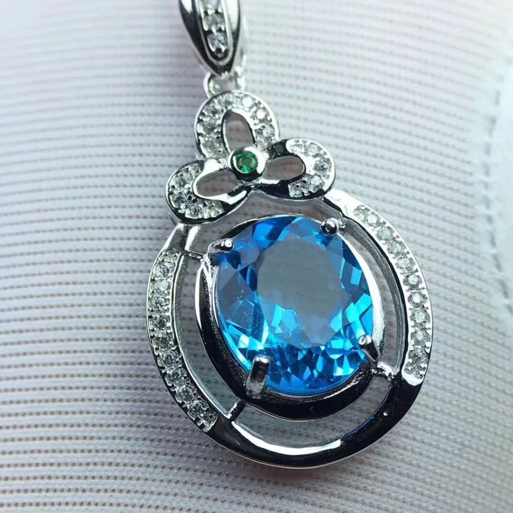Grace trèfle rond naturel bleu topaze gemme pendentif naturel pierre gemme pendentif collier S925 a
