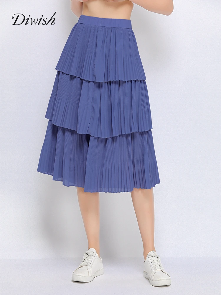 

Diwish Blue Skirt 2019 Women Summer Skirts Knee-Length Pleated Skirt Plus Size Korean Style Chifon Elastic High Waist