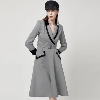 

British Hepburn style retro palace hit color dress female retro elegant high waist Houndstooth was thin vacation dress wq1874