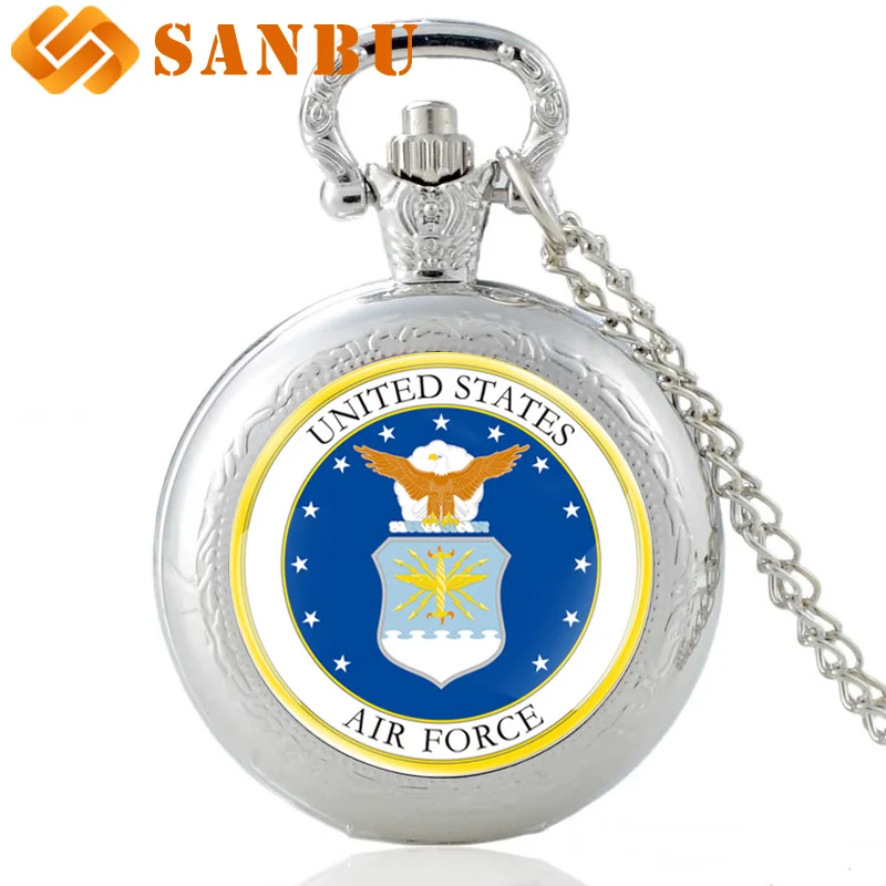 Черный Военная Униформа Кварцевые часы Винтаж ВВС США Бронзовый карманные часы для мужчин кулон цепочки и ожерелья