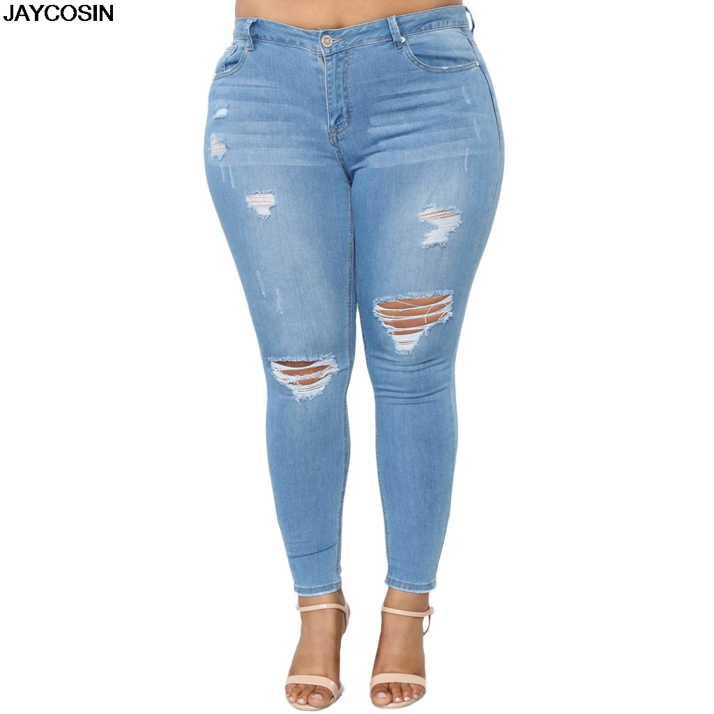 

JAYCOSIN shorts jeans New Women Medium Waist Pockets Holes Denim Skinny Long Jeans Plus Size Pants jeans hot sale clothing 9523