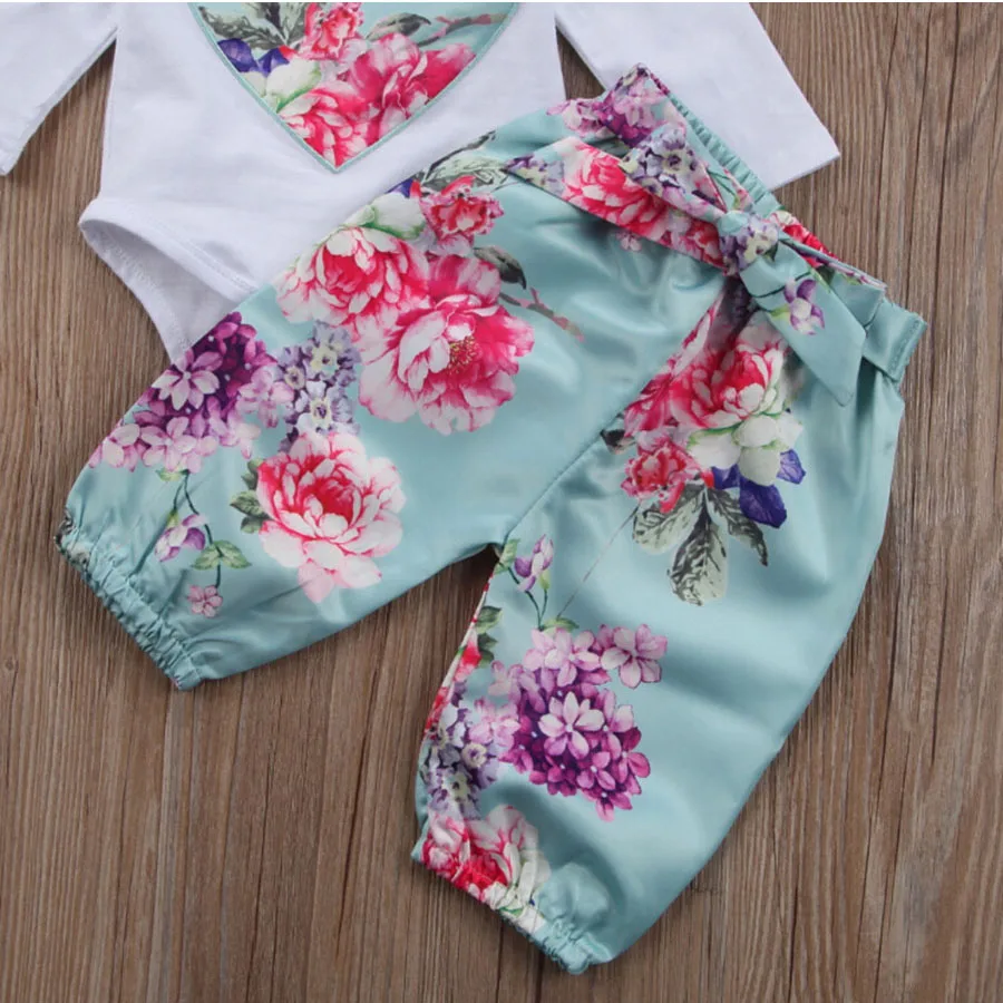 Spring Newborn Baby Girls Clothes Sets Love Tops Bodysuit Long Sleeve Floral Pants Headbands 3pcs Cotton Outfits Clothing Set (3)