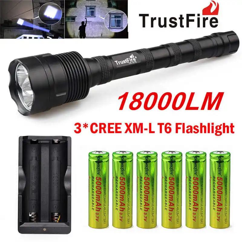 

TrustFire 3X XML T6 18000LM LED Flashlight Torch + 6x 18650 Battery+Charger powerful led flashlight lampada led T6 #4S3