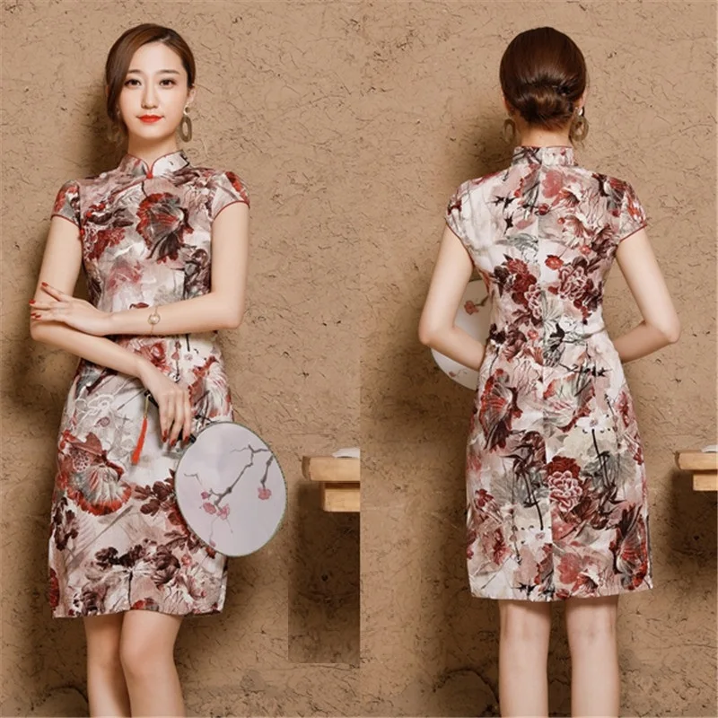 Women Linen Cotton Shanghai Plus Size Cheongsam Qipao Dresses XXXL 4XL 5XL Summer Short Chinese Traditional Printing Elegant  (28)