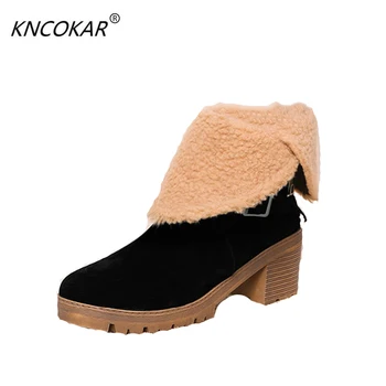

New women western style ankle boots Round Toe winter warm women Boots square platform snow boots Shoes woman