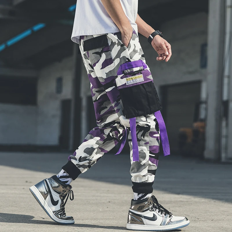 LAPPSTER мужские уличные камуфляжные брюки карго комбинезоны мужские s хип-хоп штаны для бега корейский стиль лоскутный Пояс спортивные штаны - Цвет: Purple Camo