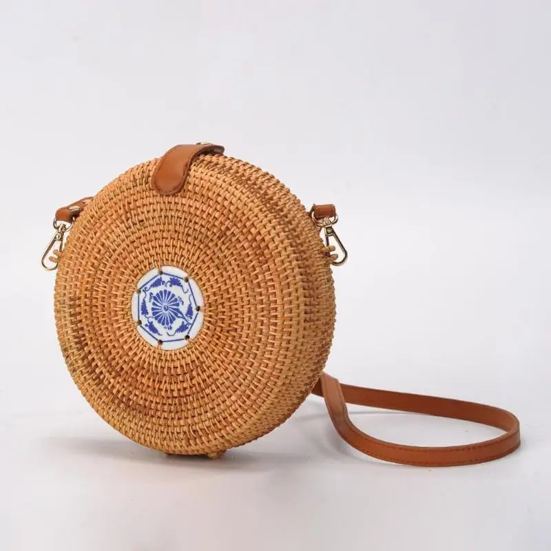 

Travel Summer Bag for Ladies Blue and White Porcelain Decoration Women Circle Straw Bag Casual Handmade Rattan Bag Knitting Bag