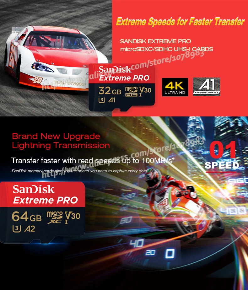 SanDisk Extreme/PRO карты памяти 128 ГБ 64 ГБ 32 ГБ узнать Скорость до 100 МБ/с. microSDHC/micro SDXC UHS-I micro SD U3 V30 4 К UHD