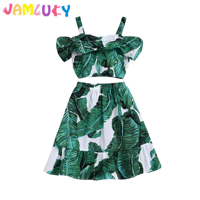 

2Pcs 2019 New Girls Clothes Set Kids Off Shoulder Tops Green Leaves Skirt Set Summer Children Clothing Set For Girls