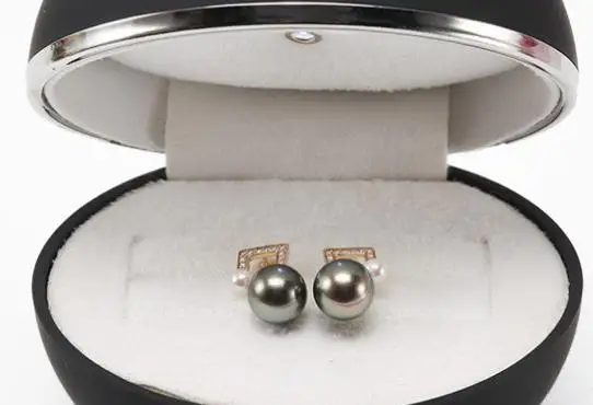Великолепная пара 5-10 мм Tahitian Круглые Черные зеленый жемчуг серьги 14 k