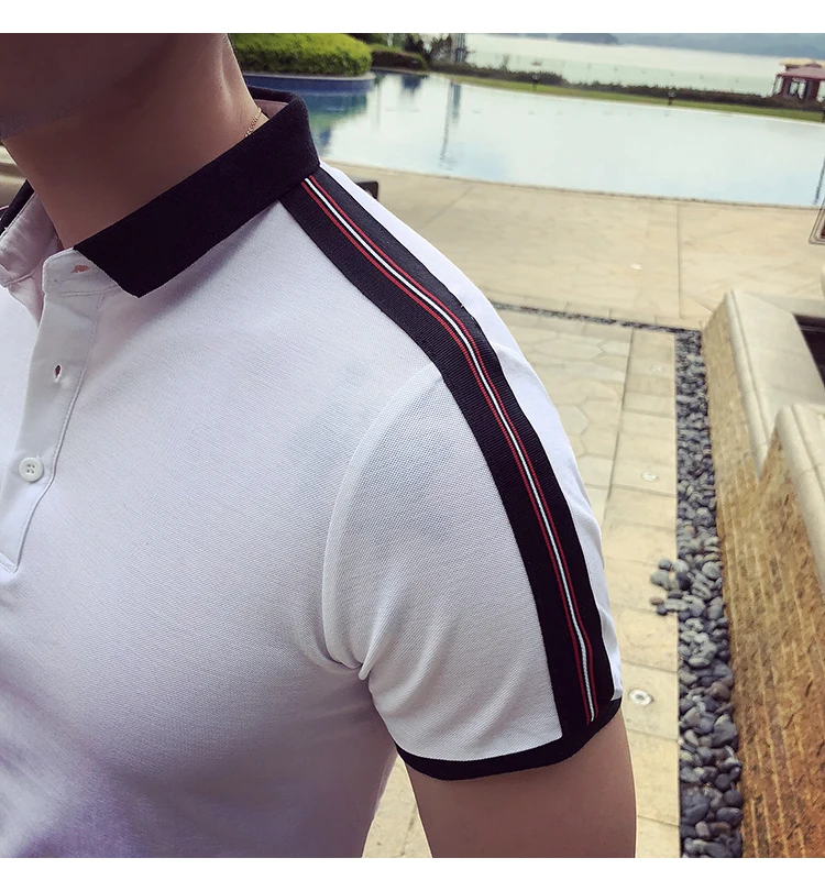 Брендовая мужская рубашка поло, хлопковая, модная, Camisa Polo, летняя, на плече, с лентой, в стиле пэчворк, с коротким рукавом, повседневная, приталенная, поло, Homme